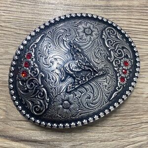 Western Belt Buckle Horse with Red Rhinestone Silver Tone Hardware
